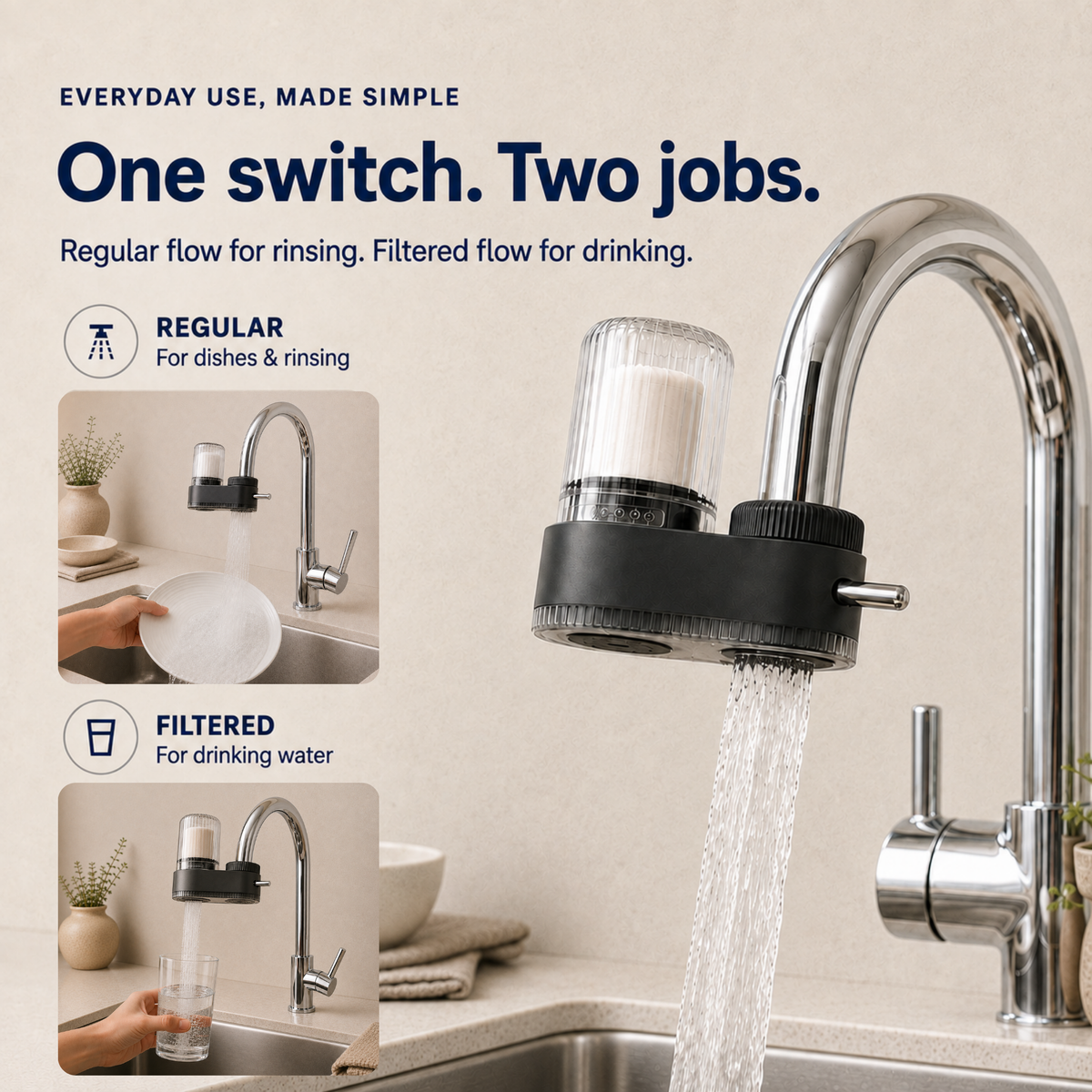 The filter on a kitchen tap, regular outlet running, with inset photos of regular flow for rinsing and filtered for drinking.