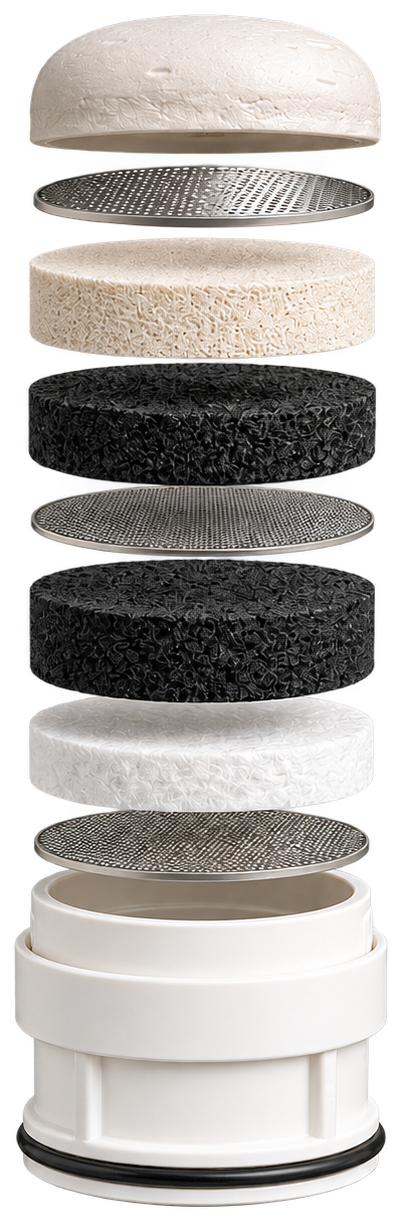 Diagram of the FaucetPro 2.0 core opened out: the domed cap at the top, the threaded base at the bottom, and the seven filtration stages separated in between.