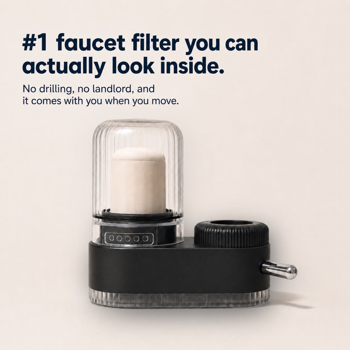 FaucetPro 2.0 on a pale background, its clear housing showing the white ceramic core inside.