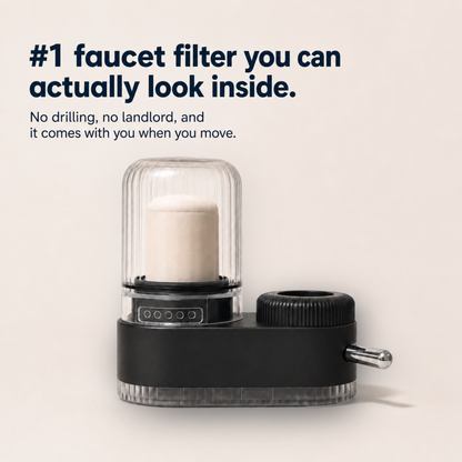 FaucetPro 2.0 on a pale background, its clear housing showing the white ceramic core inside.
