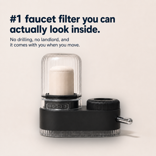 FaucetPro 2.0 on a pale background, its clear housing showing the white ceramic core inside.