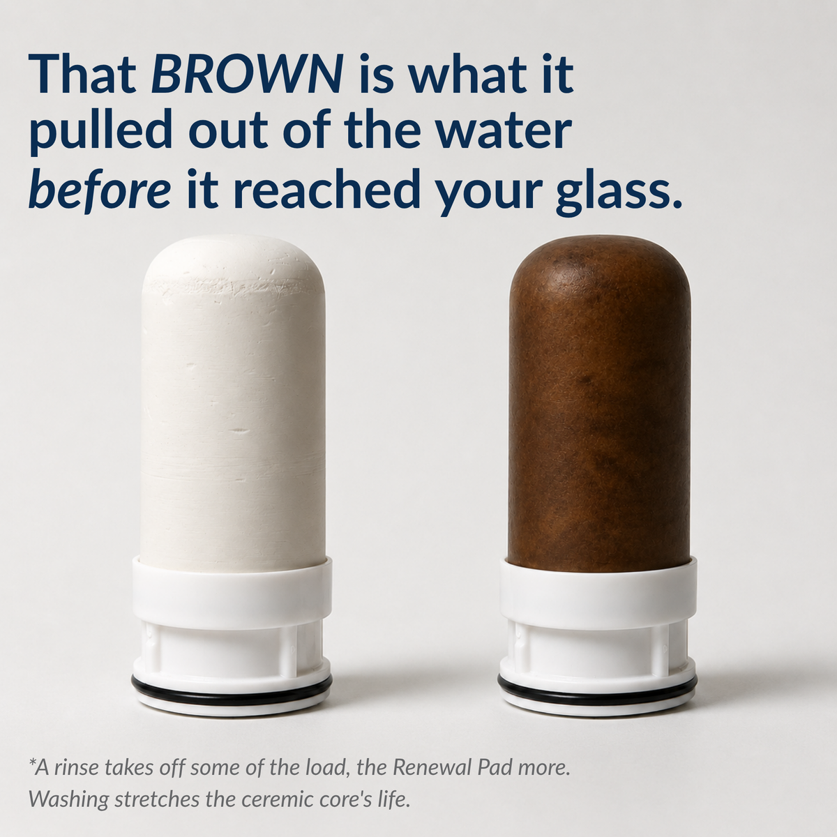 Two ceramic cores side by side: an unused white one and one stained deep brown after filtering water.