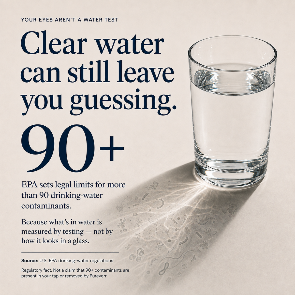 A glass of clear water whose shadow is patterned with contaminant shapes, next to the figure 90 plus.