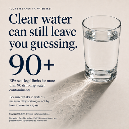 A glass of clear water whose shadow is patterned with contaminant shapes, next to the figure 90 plus.
