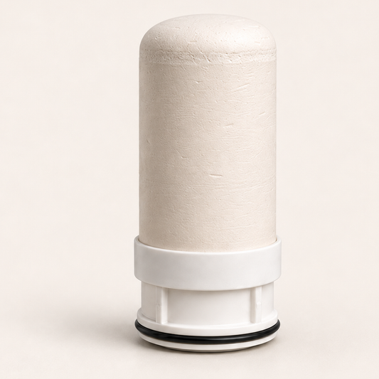 Pureverr FilterPro washable ceramic core standing upright: a domed off-white ceramic body on a white base with a black O-ring.