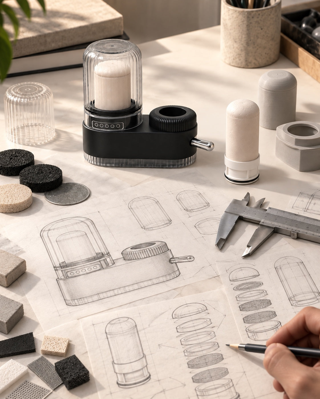 Pencil sketches of a faucet filter and its core layers on a desk, beside a FaucetPro 2.0 unit, a ceramic core and material samples.