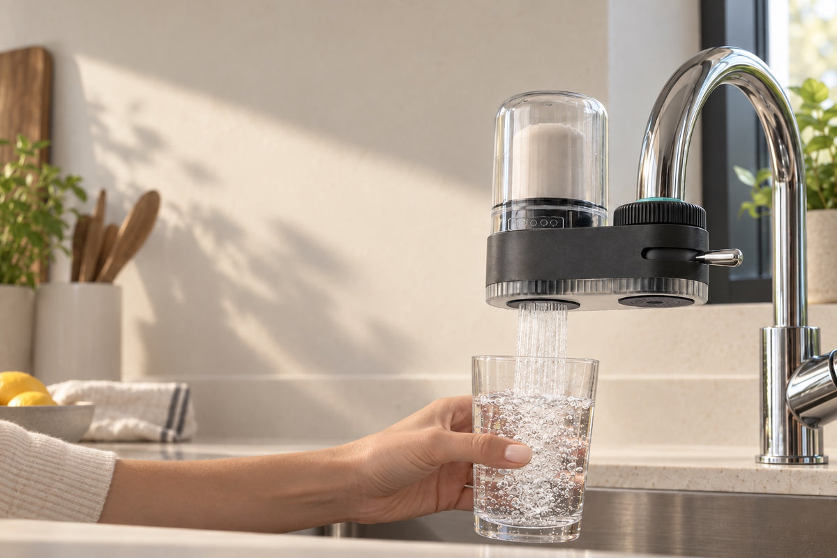 A hand holds a glass under a Pureverr FaucetPro 2.0 filter installed on a chrome kitchen faucet, water pouring from the filter into the glass.