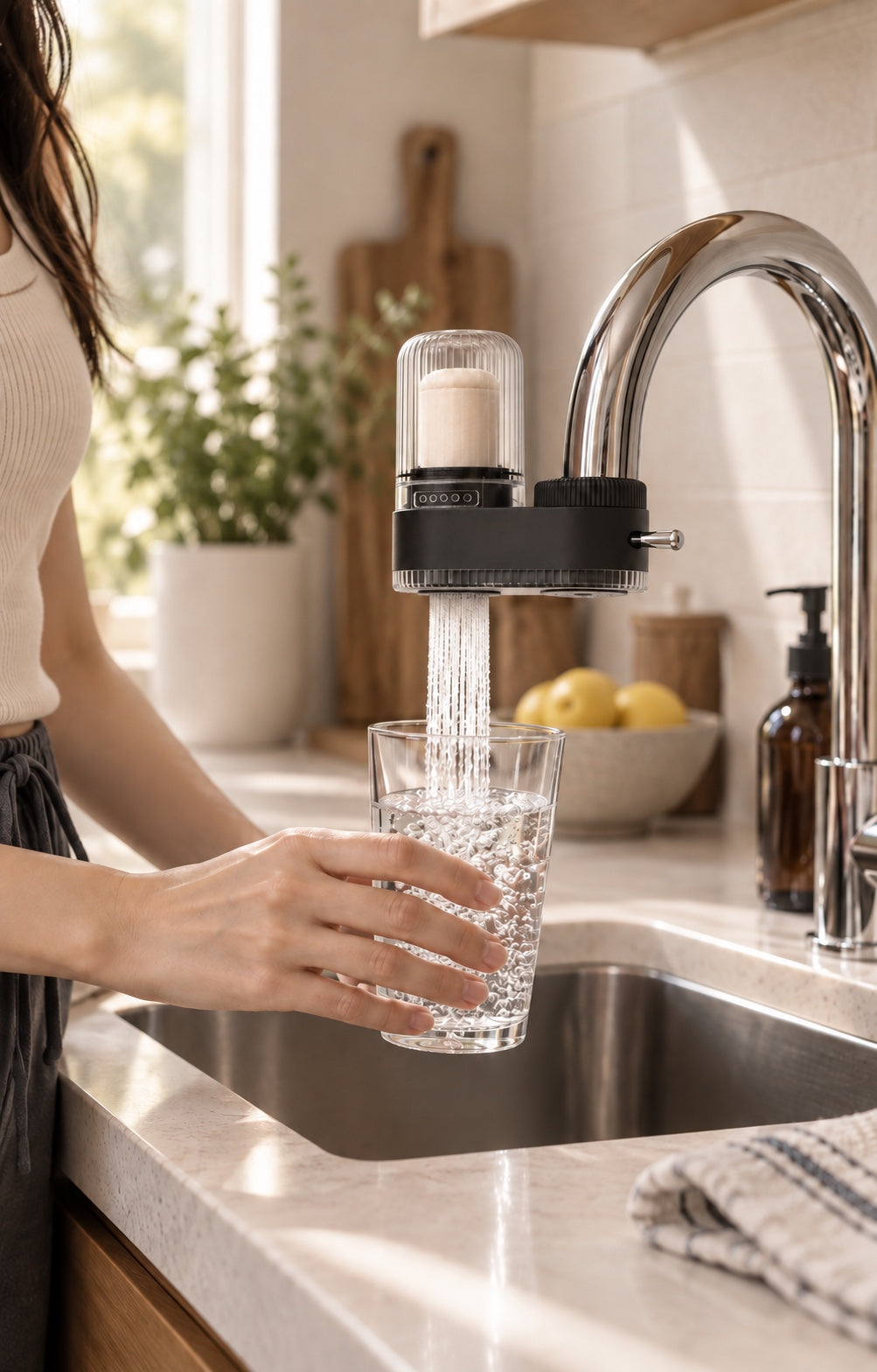 A person fills a glass from a Pureverr FaucetPro 2.0 filter mounted on a chrome kitchen faucet in a bright kitchen.