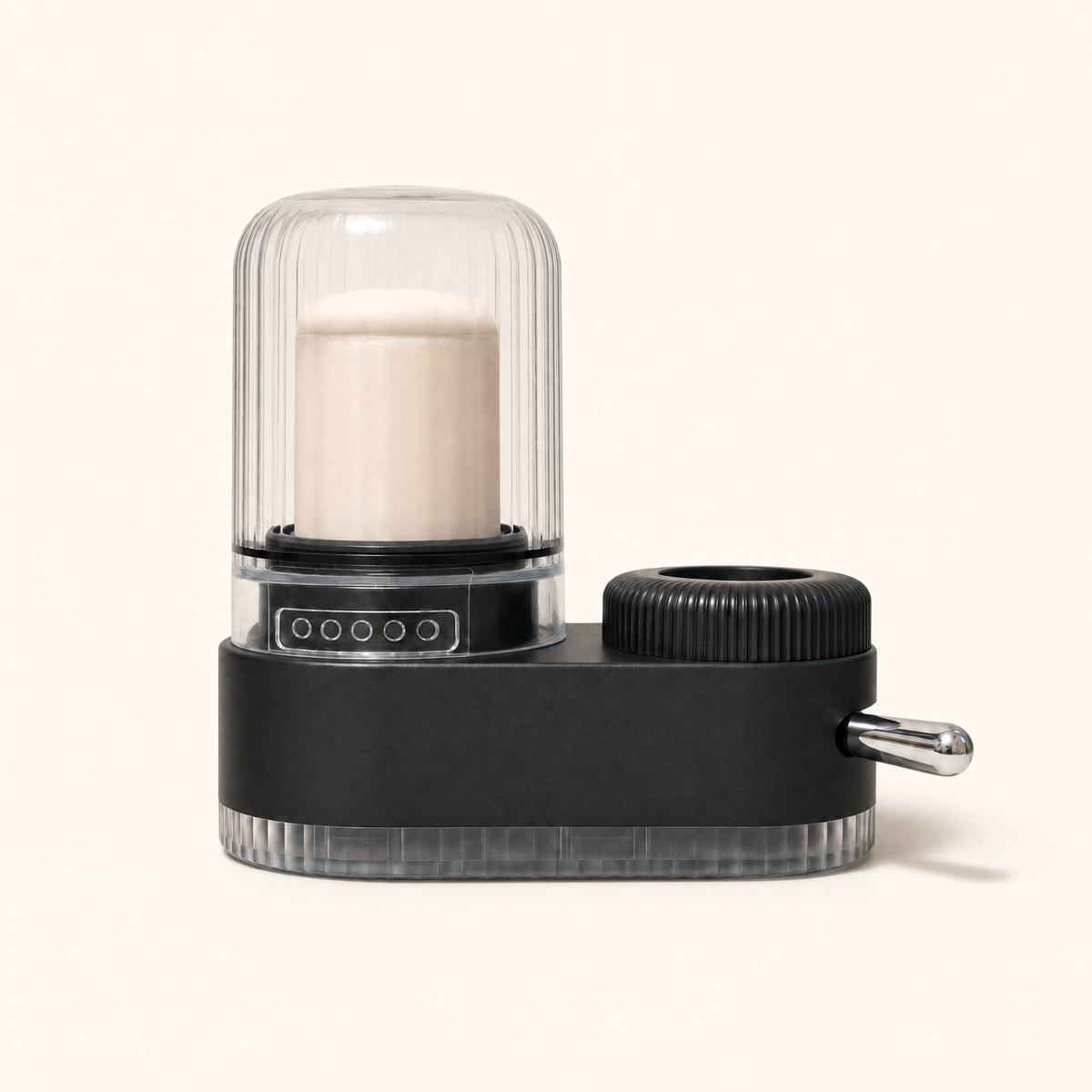 The Pureverr FaucetPro 2.0 filter head with its clear housing and white ceramic core, on a plain warm background.